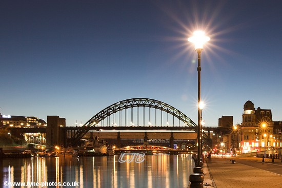 Evening view of the Tyne Bridge from the Quayside.