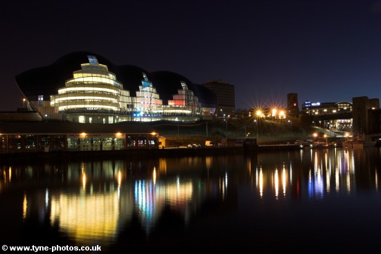 Night view across the River Tyne to the Sage Gateshead.