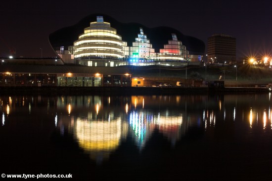 Night view across the River Tyne to the Sage Gateshead.