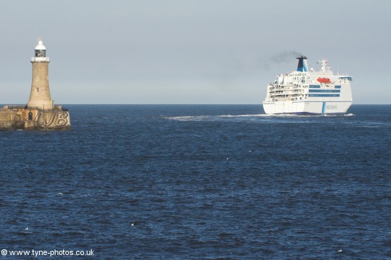 Car and Passenger Ferry - King of Scandinavia passing Tynemouth Pier and Lighthouse.
