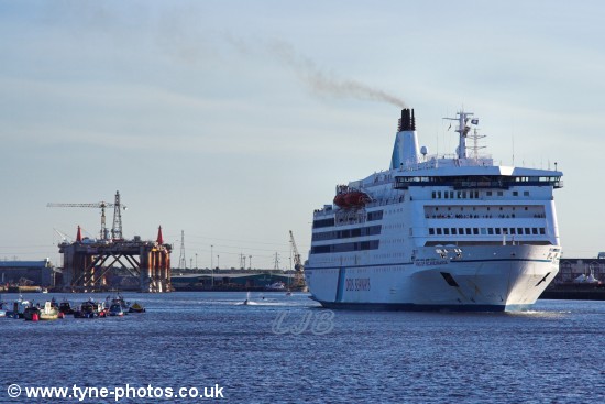 Car and Passenger Ferry - King of Scandinavia passing Mill Dam and approaching North Shields Fish Quay.