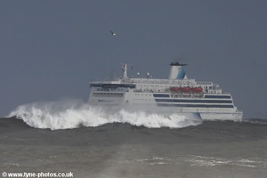 Car and Passenger Ferry, King of Scandinavia, approaching the River Tyne in rough seas.