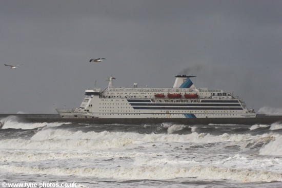 Car and Passenger Ferry, King of Scandinavia, entering the River Tyne in rough seas.