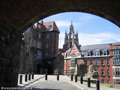Black Gate and St Nicholas Cathedral Tower seen through one of the arches below the main East Coast Railway line.