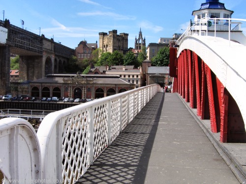 View along the Swing Bridge footpath - on the skyline the Keep and Cathedral tower.