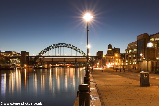 Evening view along the Quayside to the Tyne Bridge. 