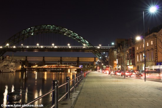 Night view along the Quayside to the Tyne Bridge.