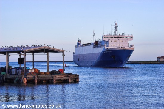 Car carrier City of Barcelona arriving in the River Tyne and passing North Shields Fish Quay.