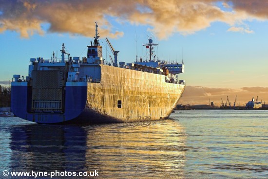 Car carrier City of Barcelona arriving in the River Tyne and passing North Shields Fish Quay.