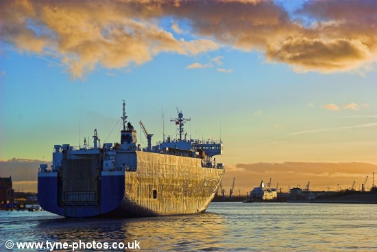 Car carrier City of Barcelona arriving in the River Tyne and passing North Shields Fish Quay.