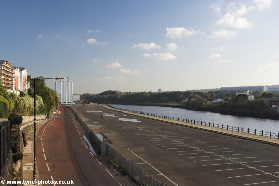 View along the Quayside to the old Spillers Flour Mill. This area used to be warehouses, now an empty car park.