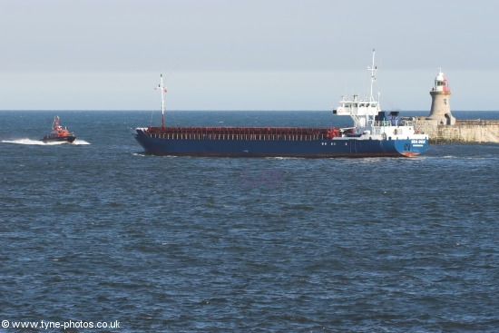 Cargo Ship Sea Box passing South Shields Lighthouse and Pier.