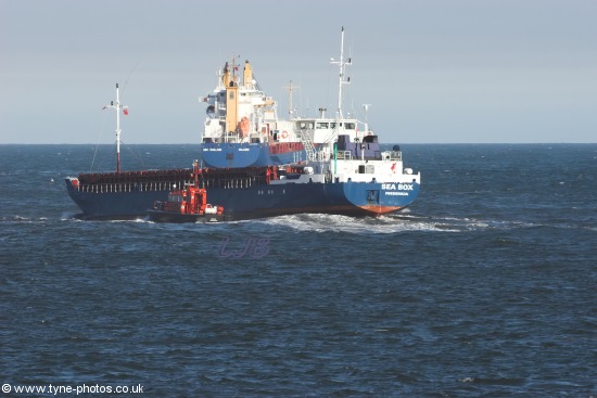 Cargo Ship Sea Box sailing into choppy seas off the River Tyne.