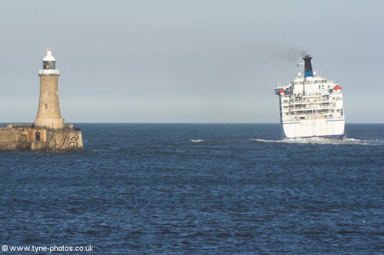 Car and Passenger Ferry - King of Scandinavia passing Tynemouth Pier and Lighthouse.