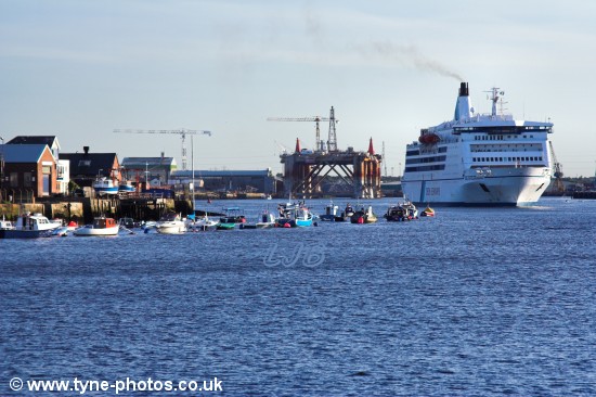 Car and Passenger Ferry - King of Scandinavia passing Mill Dam and approaching North Shields Fish Quay.