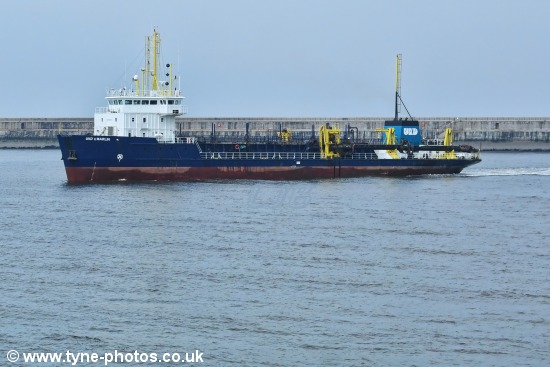 Dredger UKD Marlin working at the mouth of the River Tyne.