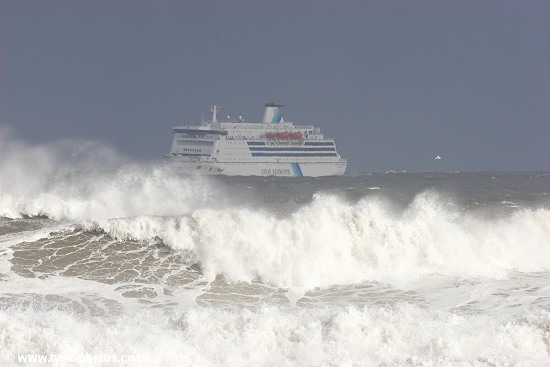 Car and Passenger Ferry, King of Scandinavia, approaching the River Tyne in rough seas.