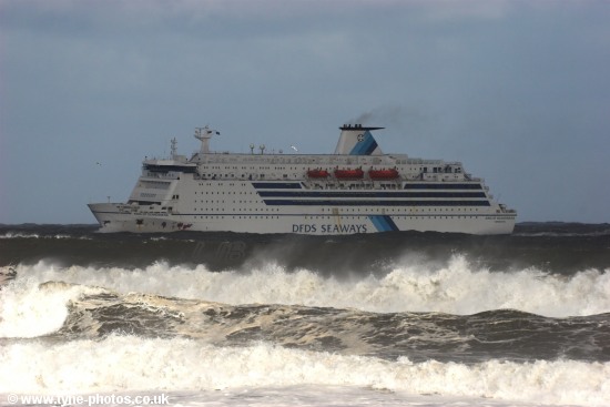 Car and Passenger Ferry, King of Scandinavia, approaching the River Tyne in rough seas.