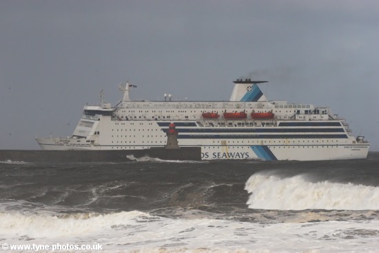 Car and Passenger Ferry, King of Scandinavia, entering the River Tyne in rough seas.