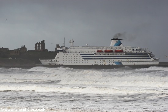 Car and Passenger Ferry, King of Scandinavia, entering the River Tyne in rough seas.