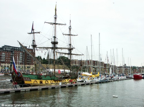 A colourful galleon moored at Baltic Quay.