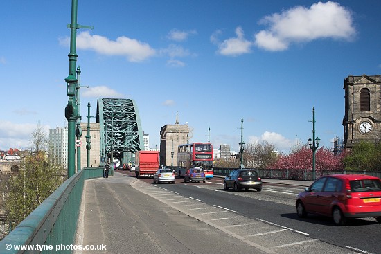 View along the Tyne Bridge from the Gateshead side.