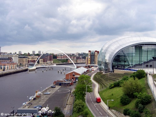 The Sage, Gateshead and Millennium Bridge seen from the Gateshead end of the Tyne Bridge.