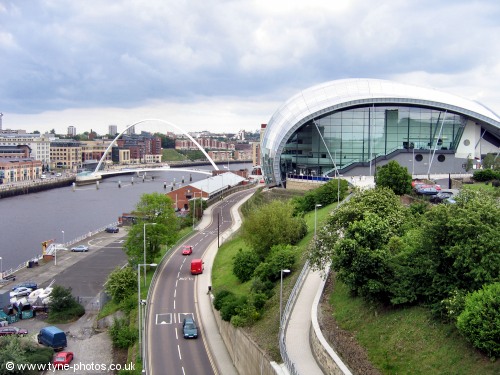 The Sage, Gateshead and Millennium Bridge seen from the Gateshead end of the Tyne Bridge.
