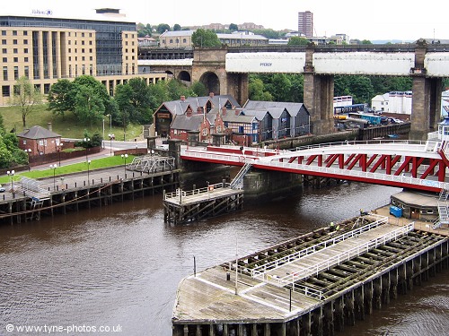 View to the south bank of the River Tyne, Swing Bridge and High Level Bridge.