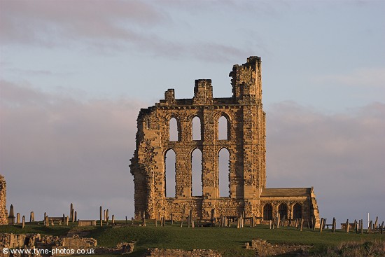 Tynemouth Priory Ruins glowing in early morning sunlight