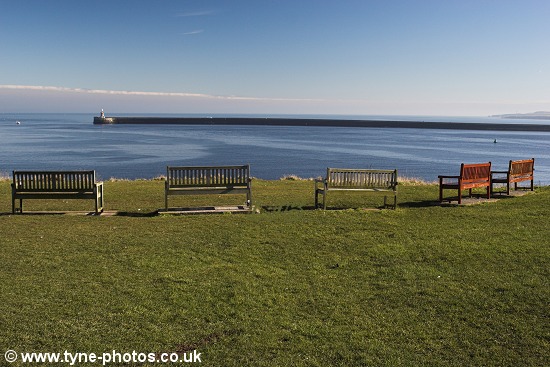 View of Tynemouth and South Shields piers from the headland.