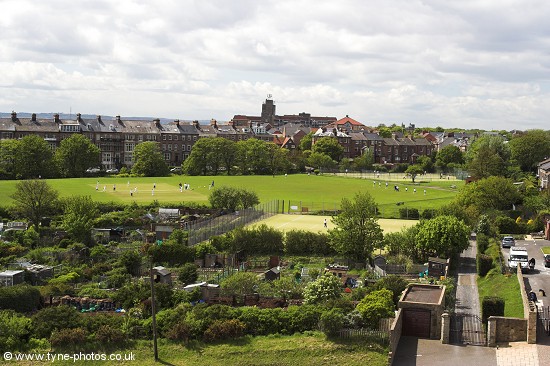 View overlooking allotments and playing fields from beside the Castle Gatehouse.